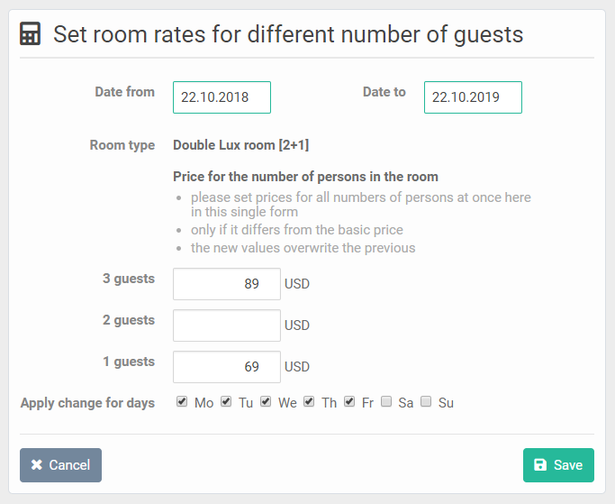 Price settings for different number of guests
