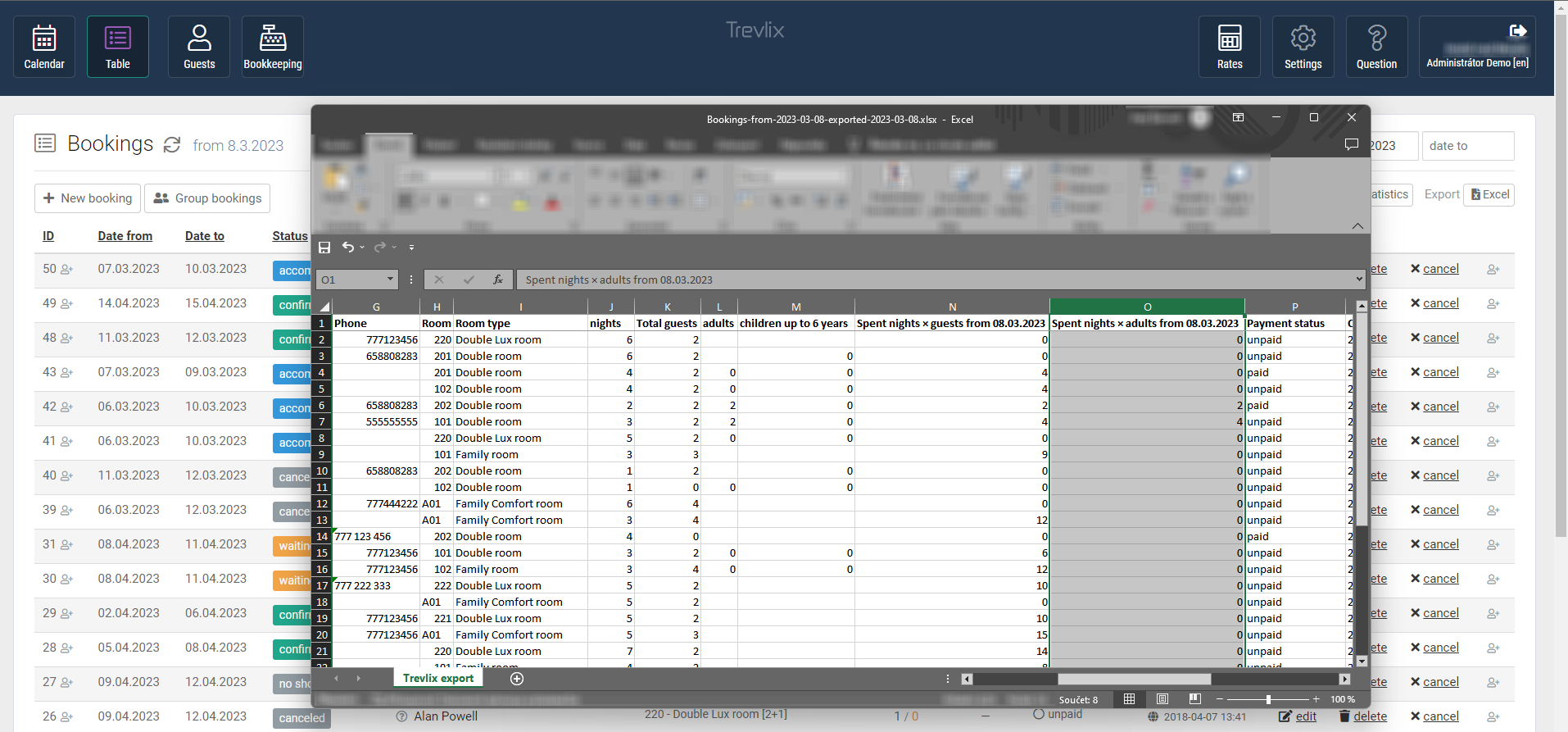 Export reservations to Excel