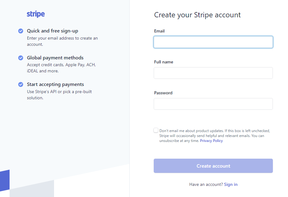 Stripe - create account